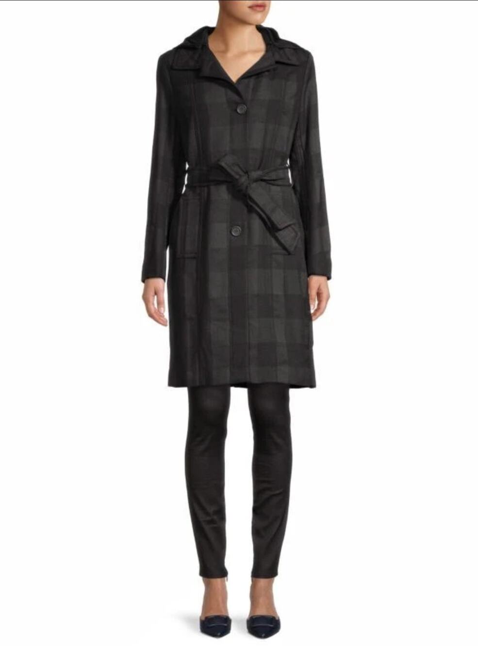 Maje Gobani Belted Coat Womens 38 M Black Gray Check Wool Blend Hooded Plaid